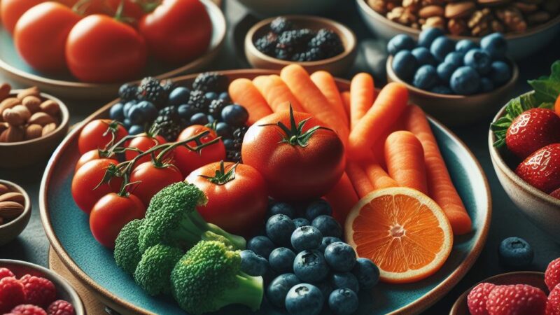 colorfully collage healthy foods such as tomatoes, broccoli, nuts, and berries on separate plates over the tabletop in the morning