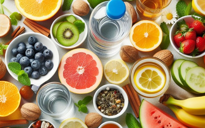 hydration sources such as water, herbal teas, and fresh fruit juices
