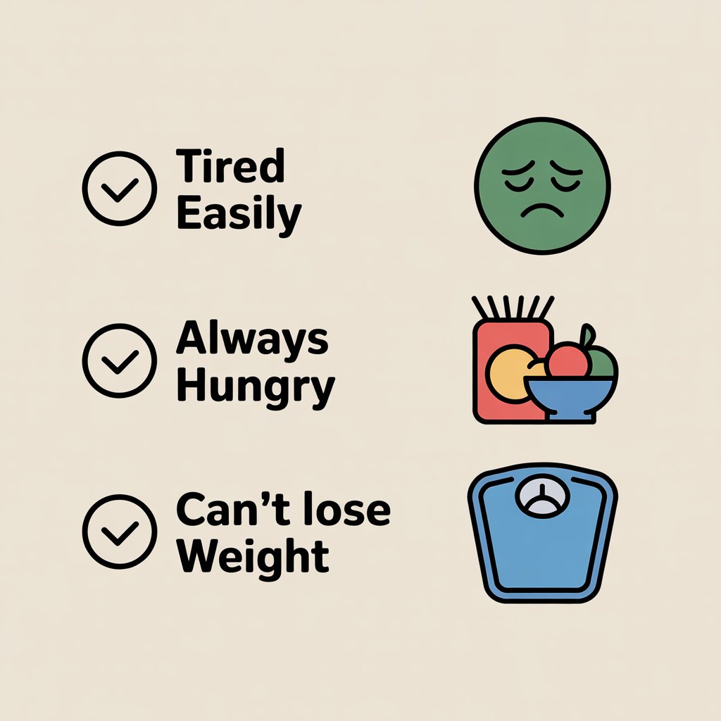 Checklist Graphic Showing Signs Of Poor Mitochondria Function Tiredness, Frequent Hunger, Weight Not Dropping