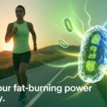 Fit Person Jogging At Sunrise With Mitochondria Graphics Showing Cellular Energy And Metabolism Boost