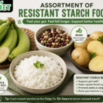 Assortment of resistant starch foods including green bananas, cold potatoes, beans, and cooked chilled rice